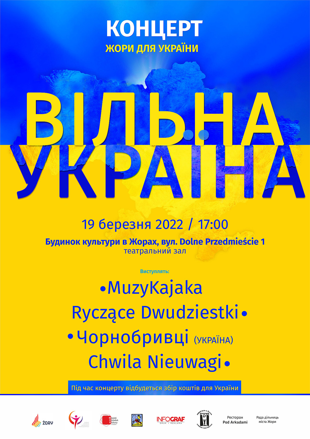 plakat w ukraińskich niebiesko-żółtych barwach z informacjami na plakacie